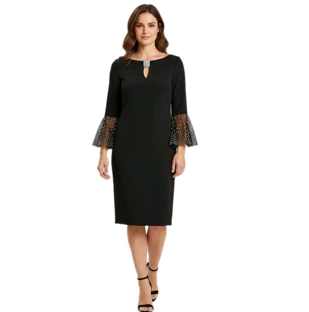 Jackie Jon New York Formal Black Sheath Dress Sz 10 Embellished Bell Sleeves